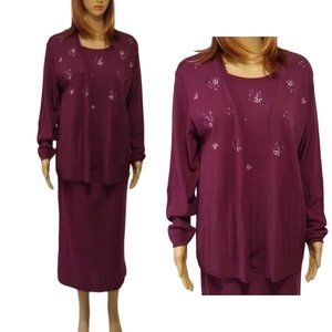 Vintage Cardigan Sweater Skirt Set 70s Southern Lady Burgundy Floral Medium NWT